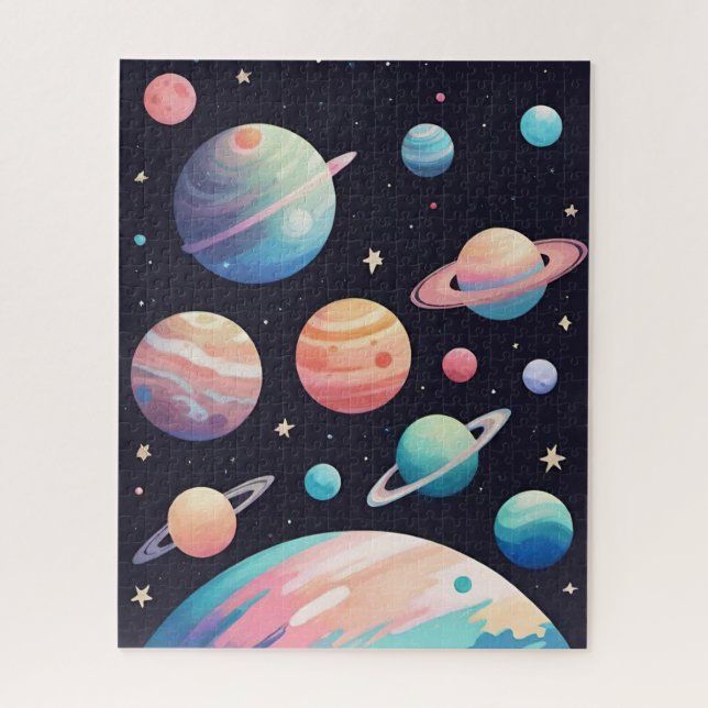 Pastellfarbene Planeten im dunklen Raum (Vertikal)