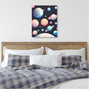 Pastellfarbene Planeten im dunklen Raum Leinwanddruck