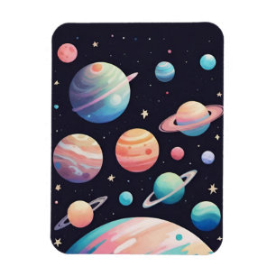 Pastellfarbene Planeten im dunklen Raum Magnet