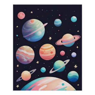 Pastellfarbene Planeten im dunklen Raum Poster