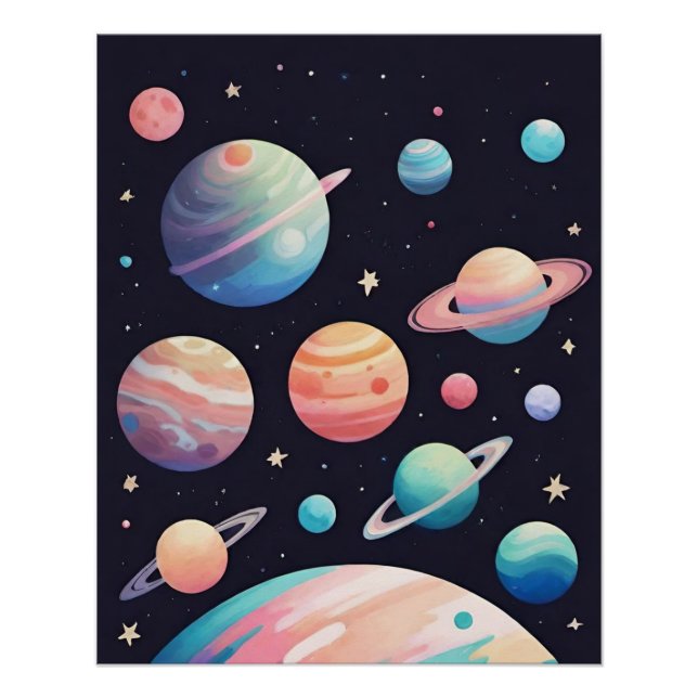 Pastellfarbene Planeten im dunklen Raum Poster (Vorderseite)