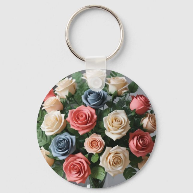 Pastellfarbene Rose aus Elfenbein, Rosa, Blau, Sch Schlüsselanhänger (Vorderseite)