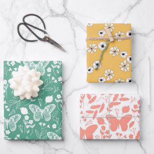Pastellfarbene Schmetterlingsgelbe Blumen Geschenkpapier Set
