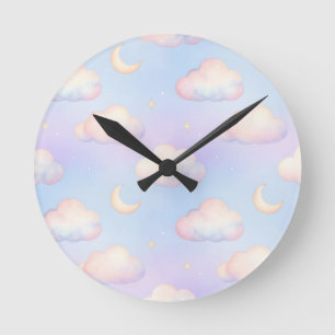 Pastellfarbene Träumerei-Wolken-Halbmond-Muster Runde Wanduhr