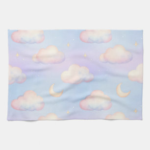 Pastellfarbene träumerische Wolken-Halbmond-Muster Geschirrtuch
