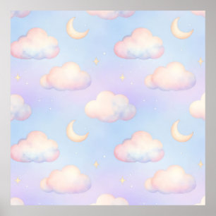 Pastellfarbene träumerische Wolken-Halbmond-Muster Poster