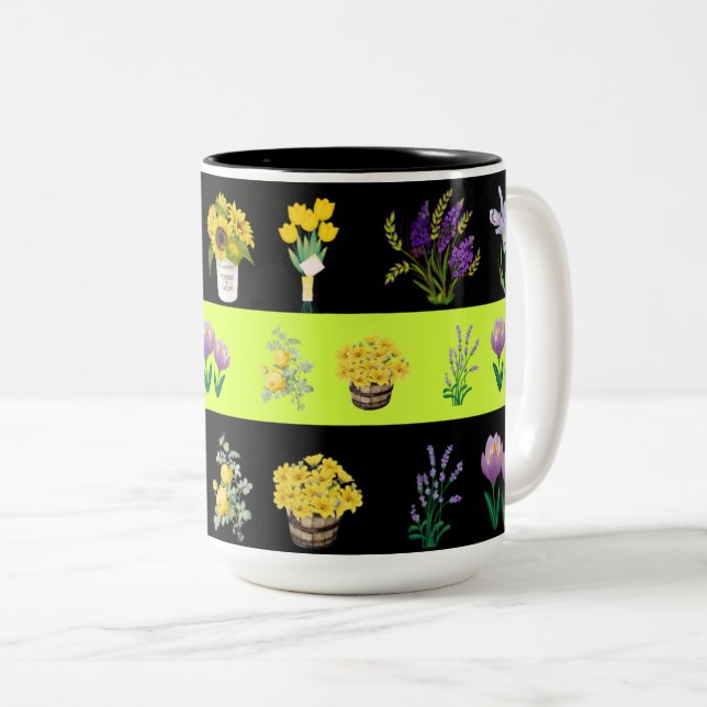 Pastellfarbener, hellgrüner und schwarz-blumengesc zweifarbige tasse (VorderseiteRechts)