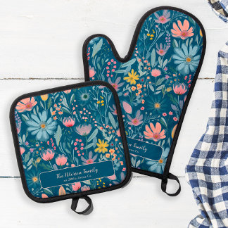 Pastellfarbenes botanisches Muster Familienname bl Ofenhandschuh & Topflappen-Set