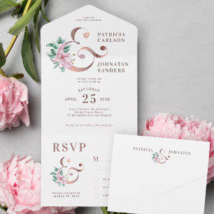 Pastellfeder Rosa Blütenrosa elegante Hochzeit All In One Einladung