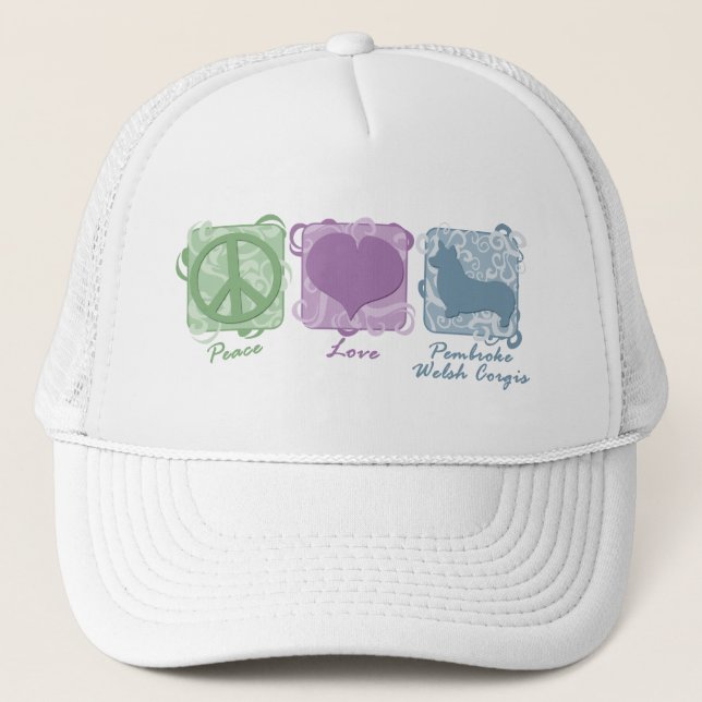 Pastellfrieden, Liebe und Pembroke-WaliserCorgis Truckerkappe (Vorderseite)