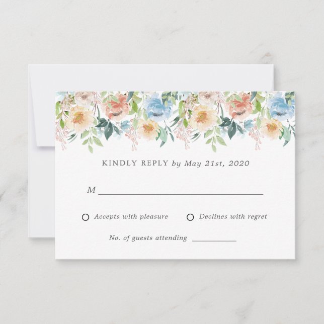 Pastellgarden Blue Floral Wedding RSVP Antwortkart (Vorderseite)