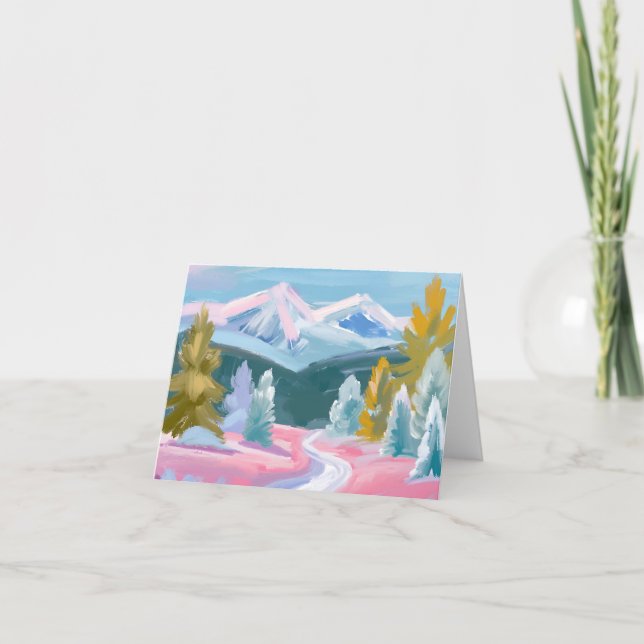 Pastellgebirge Winterlandschaft | Paint Strokes Feiertagskarte (Vorderseite)