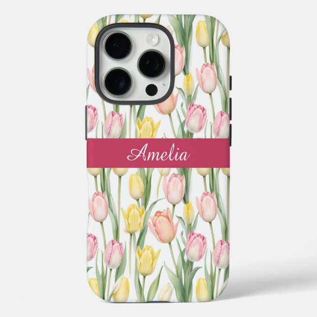 Pastellgelb und rosa Tulpen iPhone 16 Pro Hülle (Rückseite)