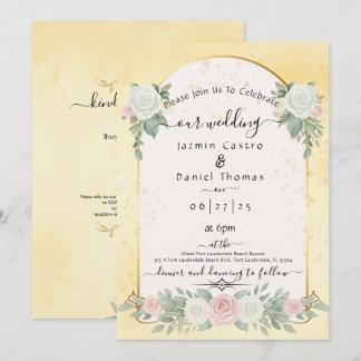 Pastellgelbe Aquarell-Blumen-Gold-Bogen-Hochzeit Einladung