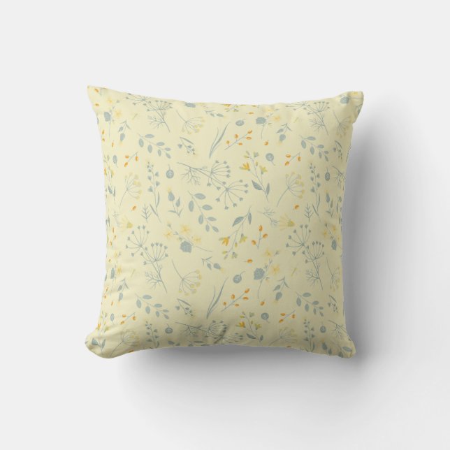 Pastellgelbe graue Wildblumen Berries Kissen (Vorderseite)