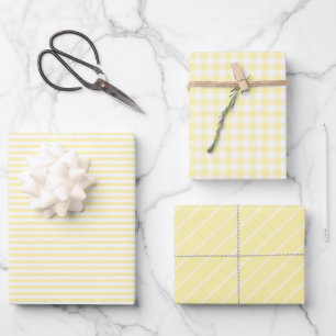 Pastellgelbe Karierte Streifenfeder Geschenkpapier Set