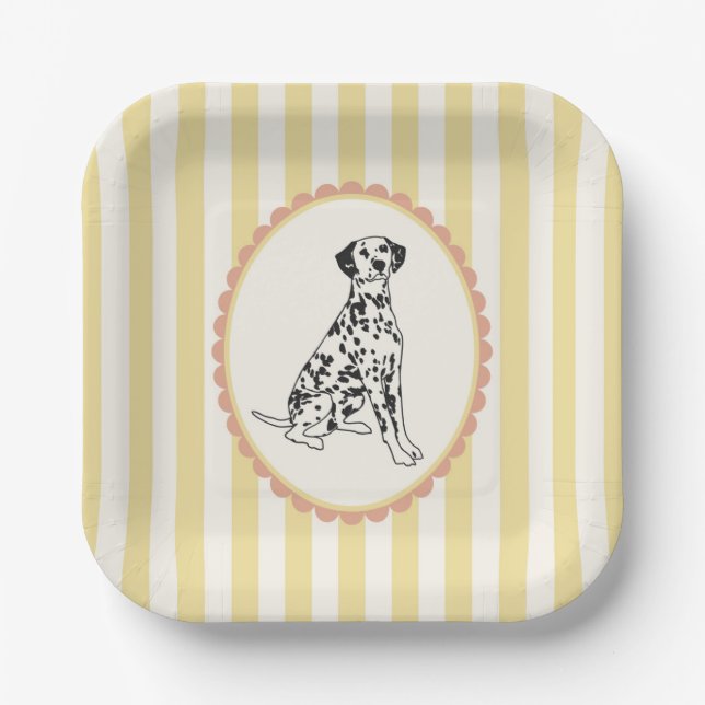 Pastellgelbe und orangefarbene Streifen und Hunde Pappteller (Vorderseite)
