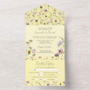 Pastellgelbe Wilde Blumen Boho Botanische Hochzeit All In One Einladung
