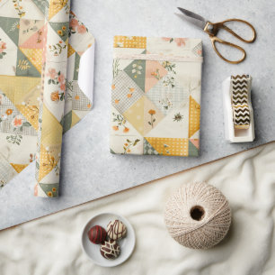 Pastellgelber Pfirsich-Quilt Gingham-Punkte  Geschenkpapier