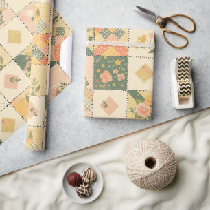 Pastellgelber Pfirsich-Quilt Gingham-Punkte  Geschenkpapier