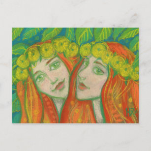 Pastellgemälde "Dandelions" Sommerrothaarmädchen Postkarte