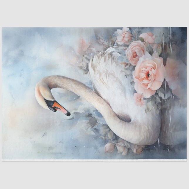 Pastellgrün Pfirsichblüte Weiße Schwäne Seidenpapier (Vorderseite)