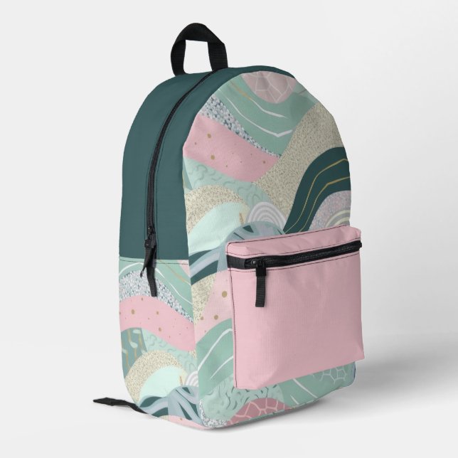 Pastellgrün Pink Gold Wavy Muster Bedruckter Rucksack (Rückseitige Ecke links)