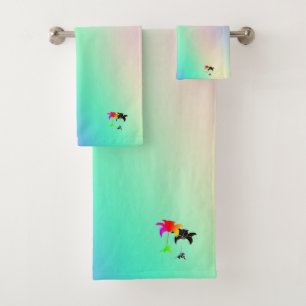 Pastellgrün Regenbogen Schwarz Florales Geschenk Badhandtuch Set