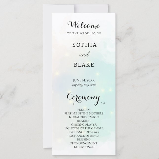 Pastellgrün und Gelb-Sparkling-Hochzeitsprogramm (Vorderseite)