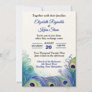 Pastellgrüne und blaue Pfauenfeder Hochzeit Einladung