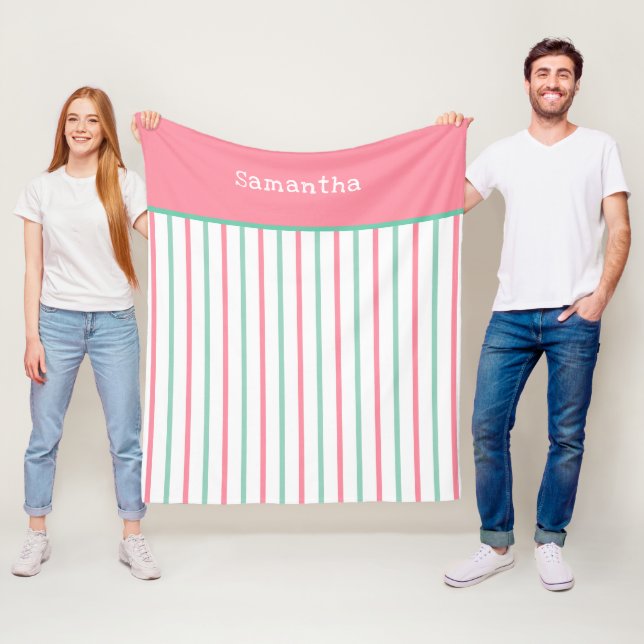Pastelllachs Pink Aquamarin grüne Streifen Name Fleecedecke (Beispiel)