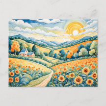 Pastelllandschaft mit Sonnenblumenfeldern und Pfad