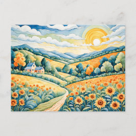 Pastelllandschaft mit Sonnenblumenfeldern und Pfad Postkarte