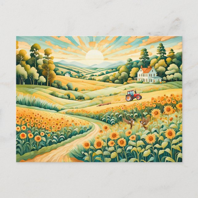 Pastelllandschaft mit Sonnenblumenfeldern und Pfad Postkarte (Vorderseite)