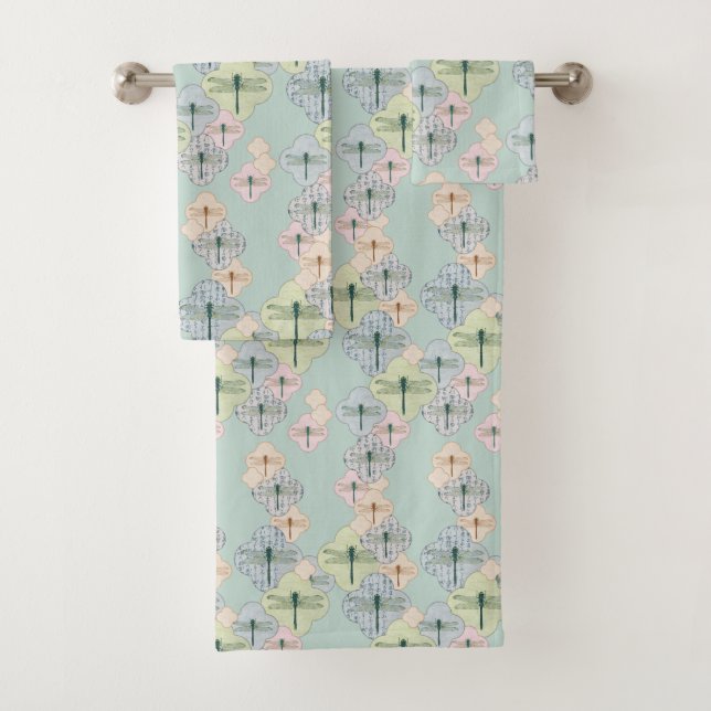 Pastelllibellen-Muster-blaue Küstenillustration Badhandtuch Set (Insitu)