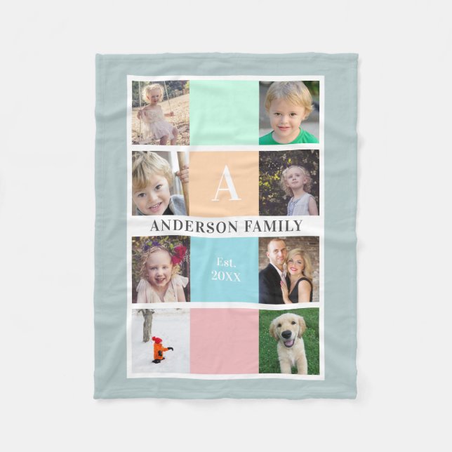 Pastellmonogramm | acht Foto-Collagen-Familienname Fleecedecke (Vorderseite)