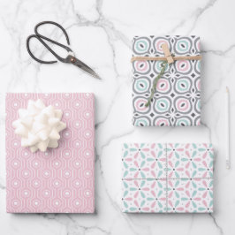 Pastellmuster aus rosa, mintgrünen und grauen geom geschenkpapier set