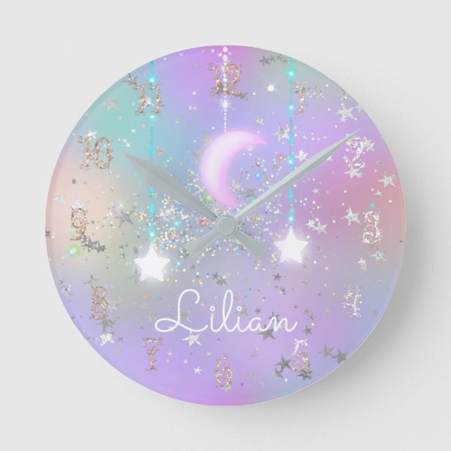 Pastellnachthimmel glühende Mond-Sterne Glitzer ni Runde Wanduhr (Vorderseite)