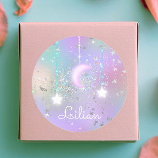 Pastellnachthimmel glühende Mond-Sterne Glitzer ni Runder Aufkleber