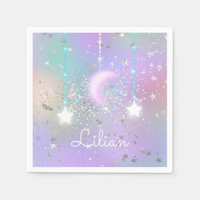 Pastellnachthimmel glühende Mond-Sterne Glitzer ni Serviette (Vorderseite)
