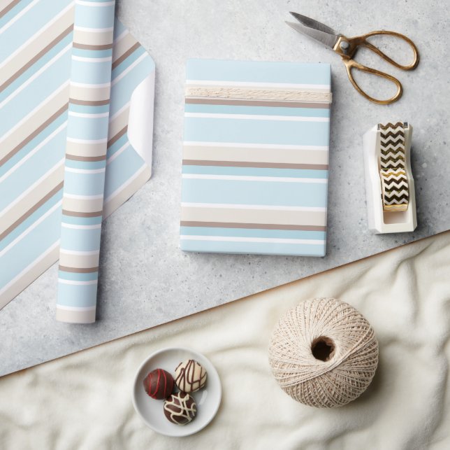 PastellOcean Blau Beige Braun Weiße Streifen Muste Geschenkpapier (Kunsthandwerk)