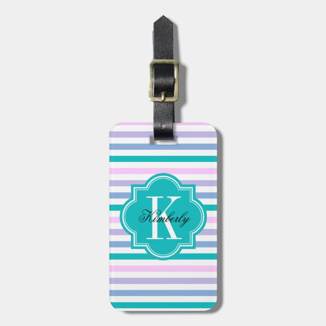 PastellOmbre Streifen mit aquamarinem Monogramm Gepäckanhänger (Vorderseite vertikal)