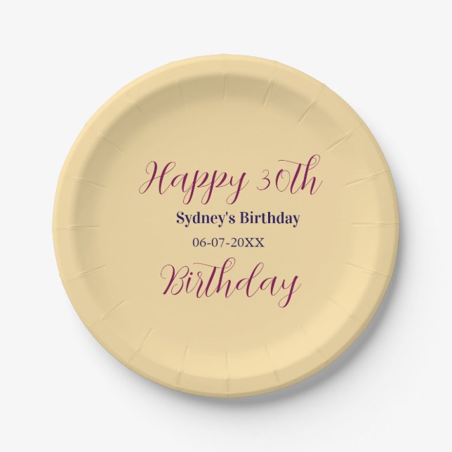 Pastellorange glücklicher 30. Geburtstag Name Datu Pappteller (Vorderseite)