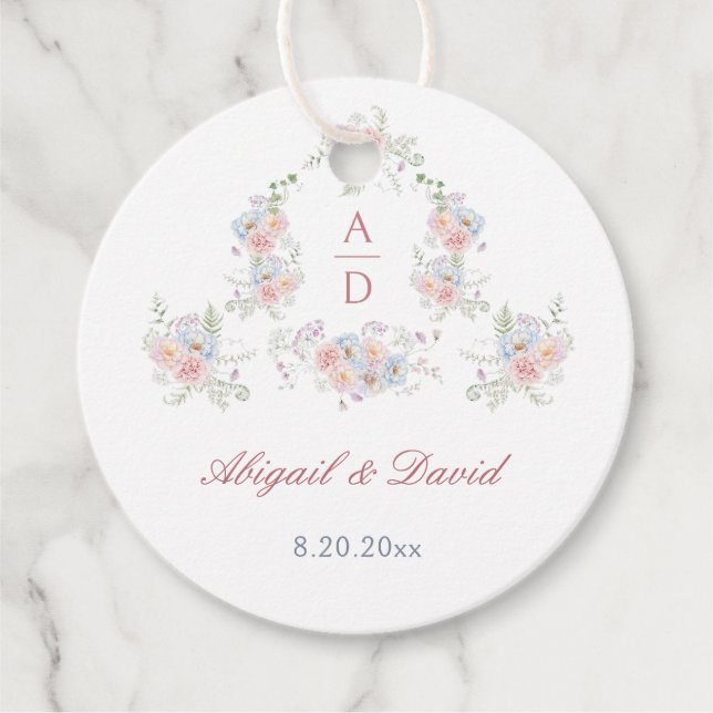 Pastellpeonies Rahmen Wedding Monogramm Circle Geschenkanhänger (Vorderseite)