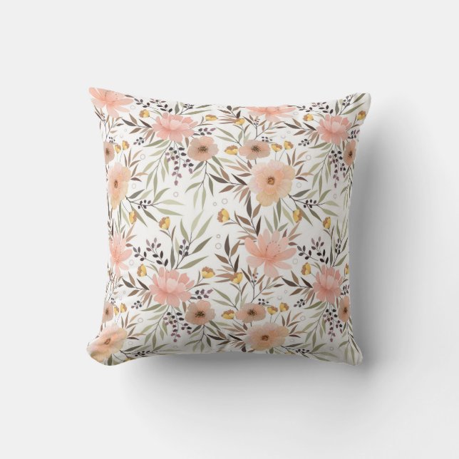 Pastellpfirsich Rosa Olive Wasserfarbe Blumenmuste Kissen (Vorderseite)