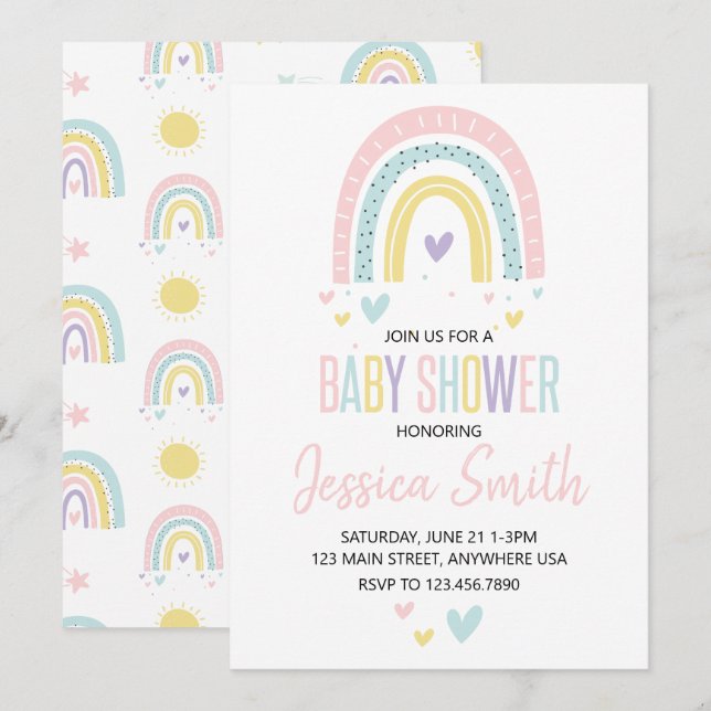 Pastellregenbogen und Herz-Babydusche laden ein Einladung (Vorne/Hinten)
