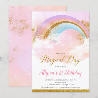 Pastellregenbogenrosa und Goldgeburtstags-Party Einladung