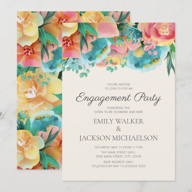 Pastellrosa Aquamarin-Gelbe florale Engagement Par Einladung (Vorne/Hinten)