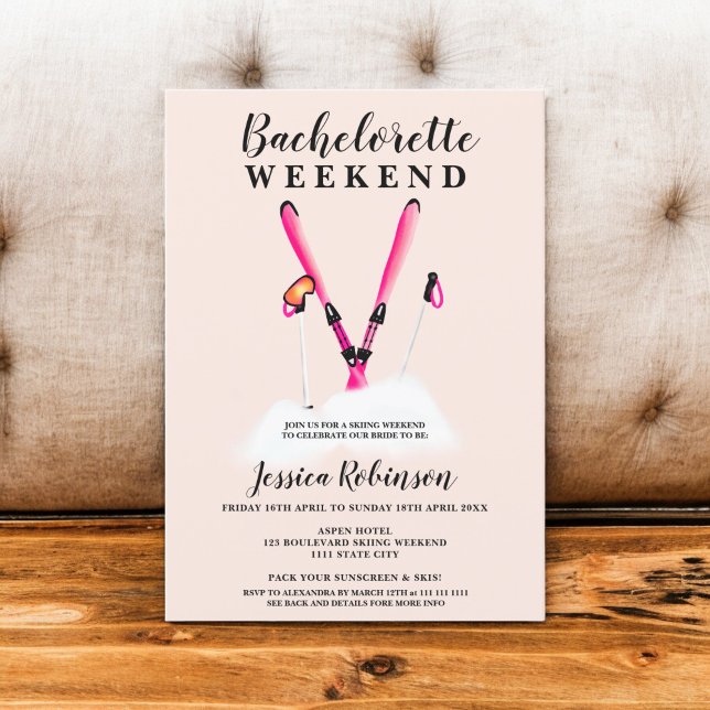 Pastellrosa Aquarellbahn Bachelorette Wochenende Einladung (Pastel pink watercolor skiing bachelorette weekend invitation)