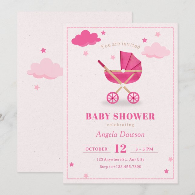 Pastellrosa Babybettrollendusche Einladung (Vorne/Hinten)